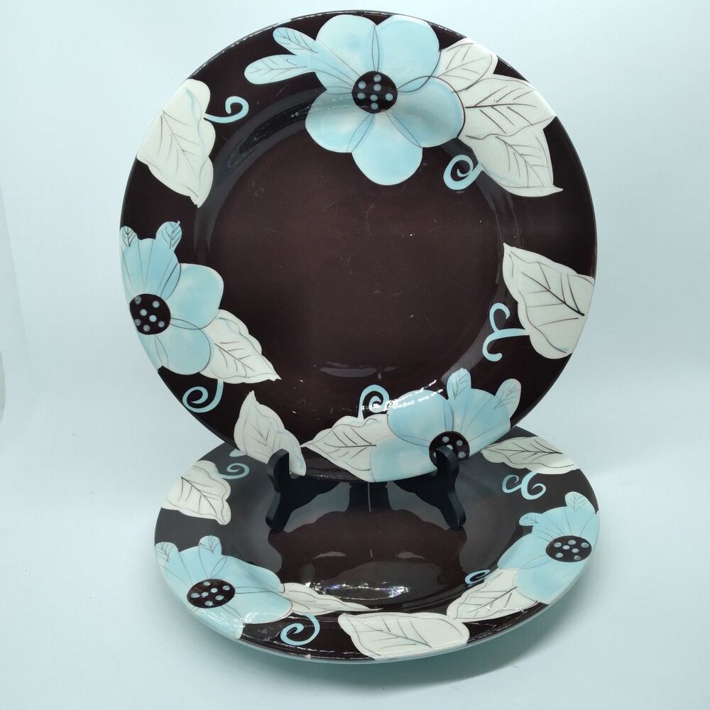 Laurie Gates "EMMA BLUE" Set Of 2 Round Floral 11 1/4" Dinner Plates READ DESC